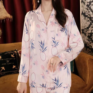 ชุดนอนผ้าไหมน้ำแข็งแขนยาว ชุดอยู่บ้าน ผ้าไหมน้ำแข็ง บาง ระดับไฮเอนด์ ใส่กลางแจ้ง ชุดนอนผู้หญิง ฤดูใบไม้ร่วง 2024 ผ้าไหม 2 ชิ้น