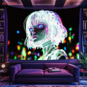 VIKAMA Cyberpunk Girl Neon Thành Phố Tương Lai Tấm Thảm Polyester Treo Tường Thẩm Mỹ Phòng Ngủ Ký Túc Xá Trang Trí Nhà Hình Chữ Nhật In Hình