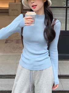 Milk Blue Sweater Half Turtleneck Bottoming Shirt Womens Autumn and Winter Inner Wear Small Silm Knitted All-Matching Tops Slim Looking