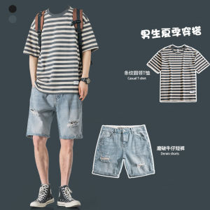 Mens Stripe T-Shirt Short Sleeve Jeans Shorts Set Summer New Hole Fashionable Casual Sportswear Cotton Lycra Teenager