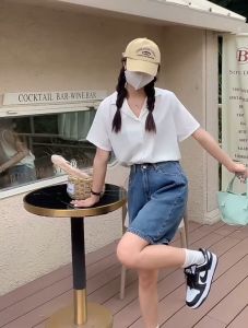 Lam Pure Summer Korean Style Polo Blouse Short Sleeve Fashion Plain Loose Shirt Tops For Women