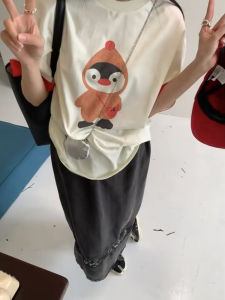 Special Offer~ HONE&LB 2025 Summer Cartoon Penguin Cuff Color Block Loose Cotton Short Sleeve T-Shirt Womens Vintage Style