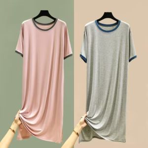 Womens Modal Short Sleeve Dress Summer Loose Thin Sleepwear Home Clothes Versatile Base Long Dress Commute Style round Neck