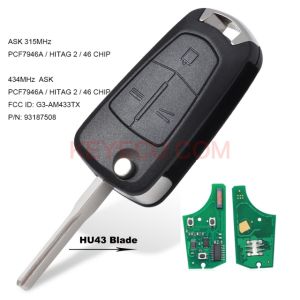 KEYECU Flip 3 Button Remote Key Fob ASK 433MHz PCF7946 for Vauxhall/Opel Vectra CSignum 2003-2007 Uncut HU43 / HU100