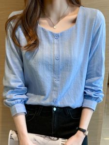 Slim Fit Cotton Linen Shirt Womens Autumn Fashion French Bubble Sleeve Neckline Square Top Thin Style Button up Long Sleeve