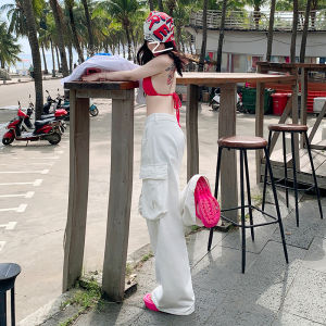 High Waist American Style Work Pants Womens Summer New Loose Straight Leg Casual Trousers Multi Pockets White Denim Jeans