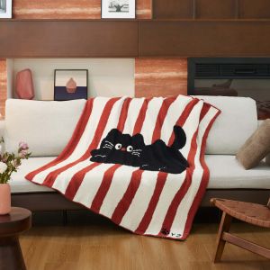 Warm Knitted Half Fleece Blanket Cartoon Cat Pattern Office Nap Couch Cover Shoulder Shawl High Breathability All Seasons Use