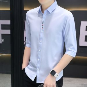 ROMON | Lormen Mens Short Sleeve Ice Silk Casual Shirt Thin Business Summer Fashion Polyester Fiber Button Up Breathable Loose Fit