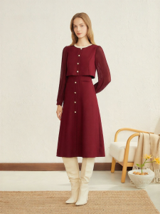 French Flared Sleeve Faux Two-Piece Wool Blend Dress