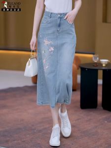 TUCANO Spring Summer New High Waist A-Line Mini Skirt Embroidered Denim Back Split Womens Fashion Korean Style Cotton Blend