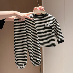 2025 New Arrival Kids Outfit Boys N Girls Fashionful Striped Two Piece Set Autumn Wears Adorable Babies Casual Wear round Neck Long Sleeve