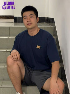 Classic Japanese Style Color Block Logo Print Loose Fit round Neck Short Sleeve Pure Cotton T-Shirt American Simple Style Casual Top for Men