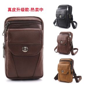 New 7 Inch Mens Leather Belt Mobile Phone Bag Multifunctional Waist Bag Crossbody Bag Phone Case Durable Sports Style Pure Color