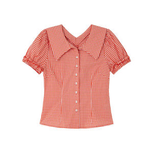 NIHAOKANONG | Áo Sơ Mi Ngắn Tay Hình Carô Cổ Trụ Đứng Gập Phong Cách Retro Dành Cho Nữ