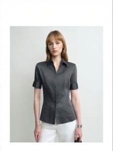 Silk Linen Mid-Sleeve Slim-Fitting Blouse
