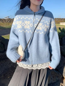 เสื้อคาร์ดิแกนถักคอปกพับทรงหลวมสไตล์ย้อนยุคฝรั่งเศสสำหรับผู้หญิงในฤดูหนาว สีน้ำเงิน พร้อมซิป หนา คอปกพับ เสื้อสเวตเตอร์แฟชั่น