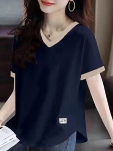 Fashionable Splice Color Block V-Neck Short Sleeve T-Shirt Womens Loose Summer Cotton Top Slimming plus Size Age-Defying