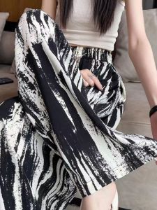 กางเกงขายาวเอวสูงผ้าไหมน้ำแข็งลายสก็อตสไตล์ลำลองสำหรับฤดูร้อนสำหรับผู้หญิงไซส์ใหญ่ กางเกงขายาวผู้หญิงไซส์ใหญ่