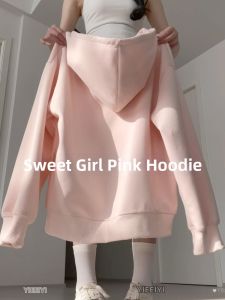 YIWEIYI | Pink Warm Hooded Zip-Up Cardigan Sweater