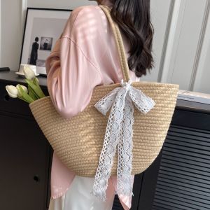 French Braided Cotton Beach Bag Womens Large Capacity Shoulder Bucket Basket Casual Pure Color Soft Handbag for Young Ladies