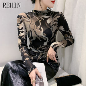 REHIN Autumn new half-high collar pullover mesh slimming long sleeve shirt elegant women blouse