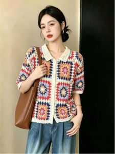 AIYITI | Color Block Hollow Collar Loose Shirt Summer Large Size