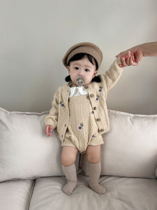 Phong Cách Hàn Quốc Dệt Kim Thêu Áo Khoác Có Yếm Onesie Em Bé Bé Gái Bộ 2 Món Cotton Vải Bông Hữu Cơ Cotton Vải Bông Rơi Dài Tay Mùa Đông