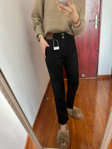 High Waist Slim Fit Straight Leg Denim Jeans Womens Double Buckle Elastic Short Size Nine Tube Pants Black Cotton Stretch