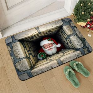 VIKAMA 3D Stone Well Ông Già Noel Nhìn Trộm Giáng Sinh Thảm Chào Mừng Thảm Trong Nhà Chống Trượt Vui Vẻ Chúc Mừng Năm Mới Trang Trí Nhà Phong Cách Hiện Đại