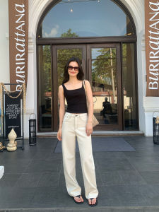 Pusumede Color Block Straight Leg Wide Leg Pants Womens Slim Fit High Waist Long Jeans Natural Waist Spring 2025