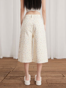 QIAOMIDUO | Summer Thin Denim Pants Womens Floral Print Six Seven Half Length Loose Fit High Waist Cotton Blend Summer Season Light Blue