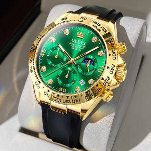 OLEVS Watch for Men Gold Watch Silicone Luminous Waterproof Luxury Multifunction Analog Chronograph Moon Phase Men Quartz Watch