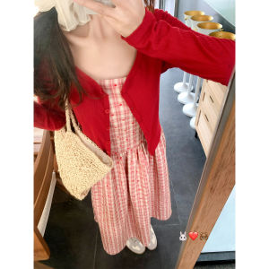 Vacation Pink Grid Summer A-Line Waist-cinching Dress Set