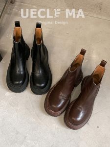 UECLE MA | Water Washed Leather Womens Short Boots Chunky Heel Retro Chelsea Boot
