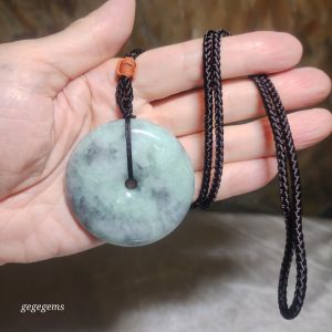 Rare 76 grams Type A Jadeite Burma Jade light blue green black fowl large Donut handheld pendant (with certificate)