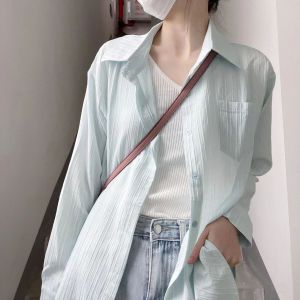 Summer New Design Womens Sun Protection Shirt Thin Long Sleeve Cardigan Outerwear Gentle Top Korean Style Midi Length