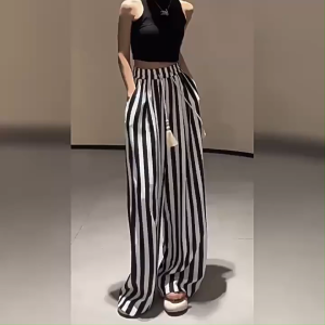 [Summer Casual Striped Wide-Leg Pants]กางเกงขายาวทรงสลิมฟิตเอวสูงผูกเชือกสีบล็อกลายทางเอวสูงลำลองสำหรับผู้หญิงในช่วงฤดูร้อน