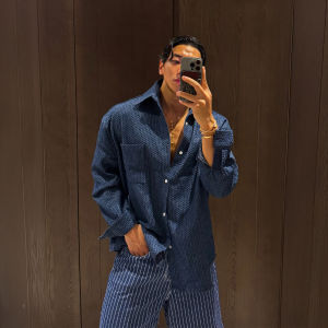DAVID&ME | Light Blue Honeycomb Texture Turn-down Collar Long Sleeve Casual Loose Mens Shirt