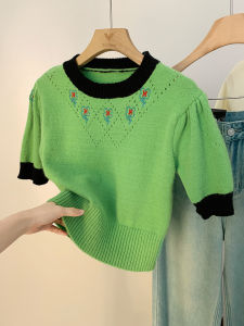 AMILUCK | Fresh Floral Embroidery Short Sleeve Knitted Top Womens Spring New Style Retro Bubble Sleeve Short Color Block Blouse