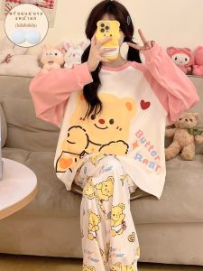 Pure ผ้าฝ้าย ผู้หญิง แขนยาว ชุดนอน ชุดเสื้อผ้าบ้าน น่ารัก การ์ตูน หลวม หวาน INS สไตล์วันพีซเสื้อผ้าสบายบ้าน