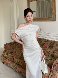 Váy Dài Không Tay Kiểu Pháp Không Đều Eo Cao Váy Đuôi Cá Mùa Hè Cho Nữ Váy Dự Tiệc Không Tay Không Dây Cổ Chữ a