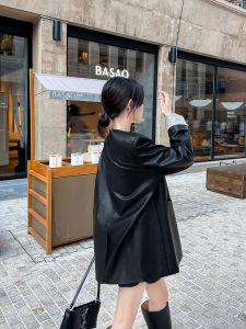 Black Retro PU Leather Jacket Womens Casual Loose Fit Spring Autumn New Korean Style High-End Feel Top Coat