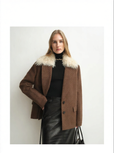 Ridge Texture Woolen Removable Fur Collar Womens Coat