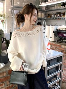 SHANGSHA | Unique Lazy Style White Lace-Up Off-Shoulder Sweater