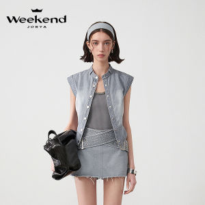 Jorya Weekend Summer 2025 Washed Denim Leather Sleeveless Short Jacket Womens Fashion Rock Style round Neck Single Button Coat