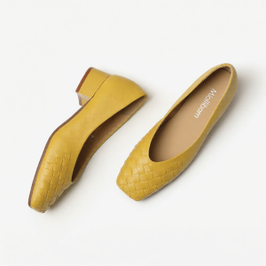 MIOLLIBARN | Lemon Yellow Square Toe Open Weave Chunky Heel Soft Sheepskin Comfortable Flat Single Shoes