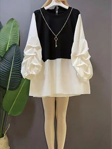 K-style Slightly Fat Sister Patchwork Long Sleeves Fashion Fake Two Pieces Lightly Mature All-Matching plus Size Womens Clothing Loose Fat Hiding Top