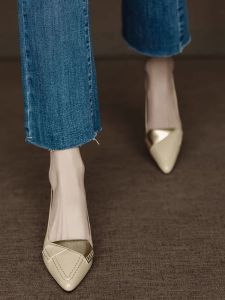 Lamb Skin Small High Heels Womens Genuine Leather Spring Autumn New Style French Color Block Commute Single Shoes