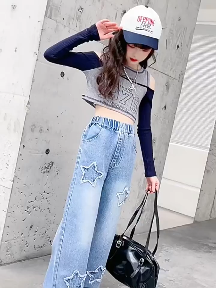 Kids Loose-fit Denim Jeans With Star Pattern Girls Wide-leg Casual Mid-rise Korean-style Straight-leg Pants