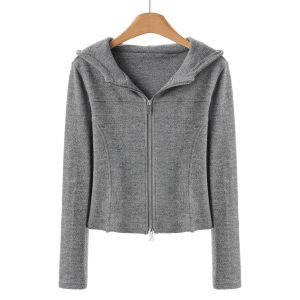 เสื้อคาร์ดิแกนถักทรงสลิมฟิตพร้อมฮู้ดและซิปแบบสวมใส่สบายสำหรับผู้หญิง ฤดูใบไม้ร่วง 2025 เสื้อคลุมกันหนาวแบบสวมหัวสีพื้น